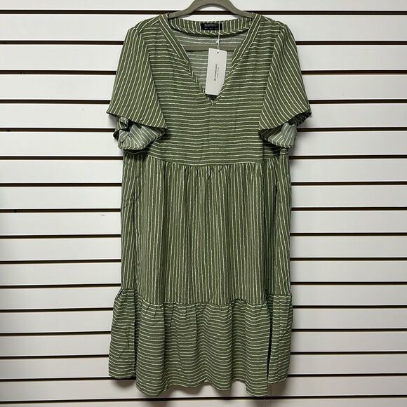 BloomChic Dresses & Skirts - Bloomchic Striped Summer V Short Flowy Swing Casual Neck Short Sleeve (Green Sz
